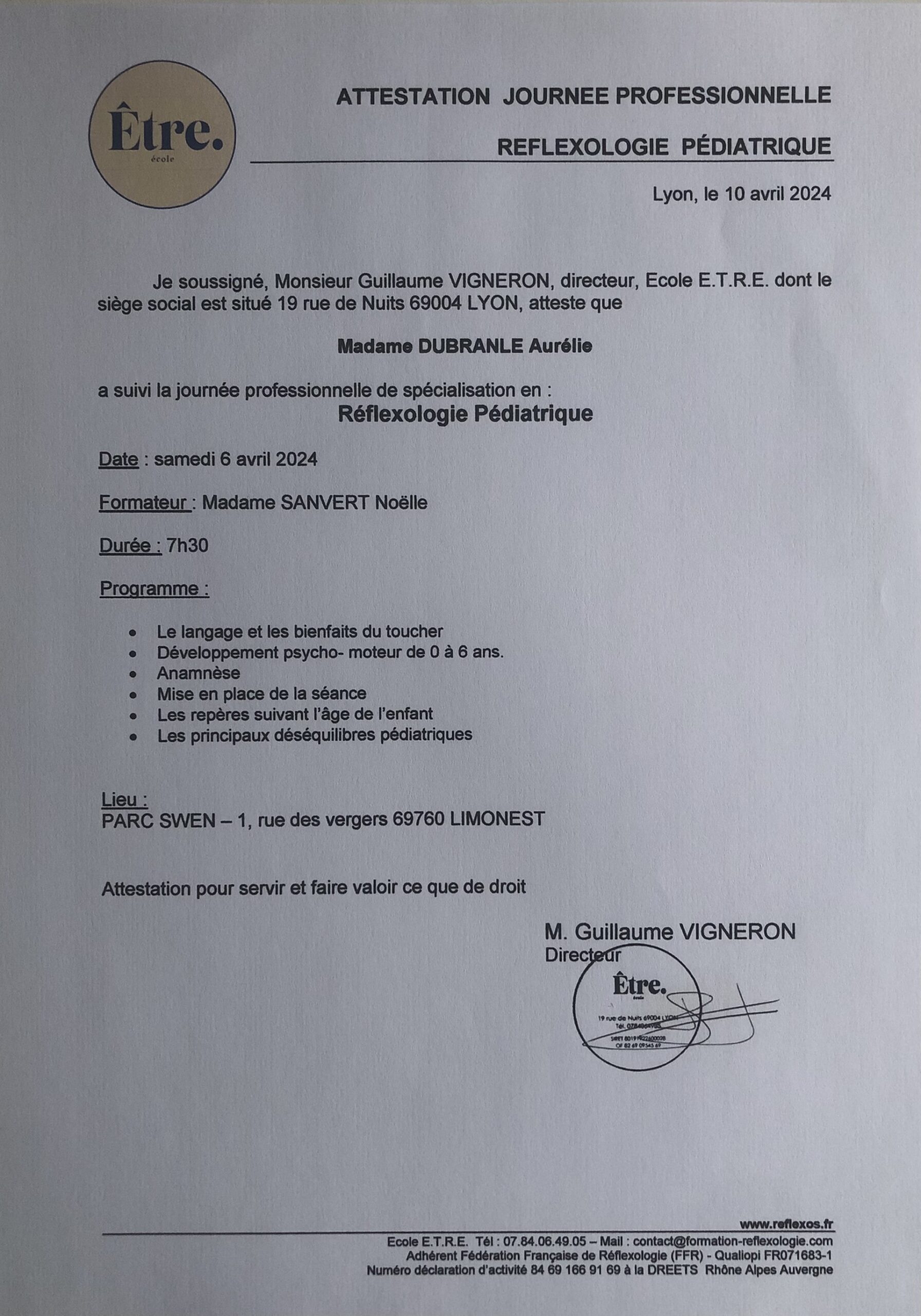 Certif reflexo pédiatrique